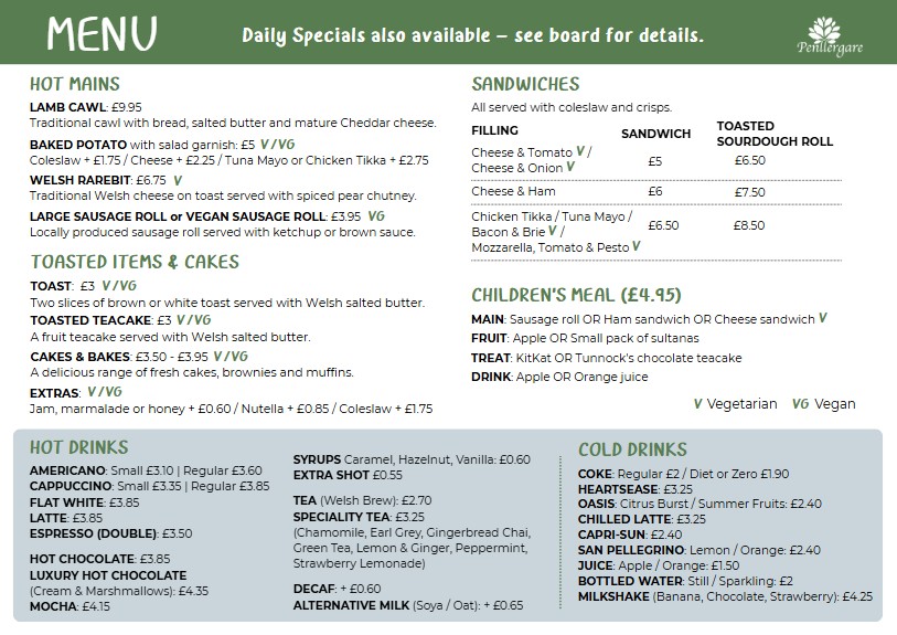 Penllergare Valley Woods Coffee Shop Menu August 2026